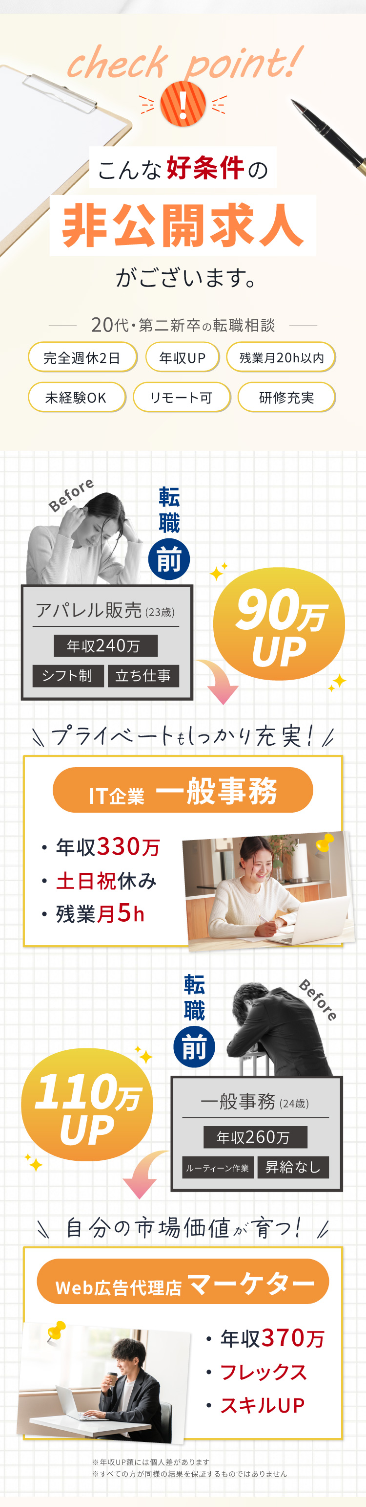 check point! こんな好条件の非公開求人がございます。転職前・転職後