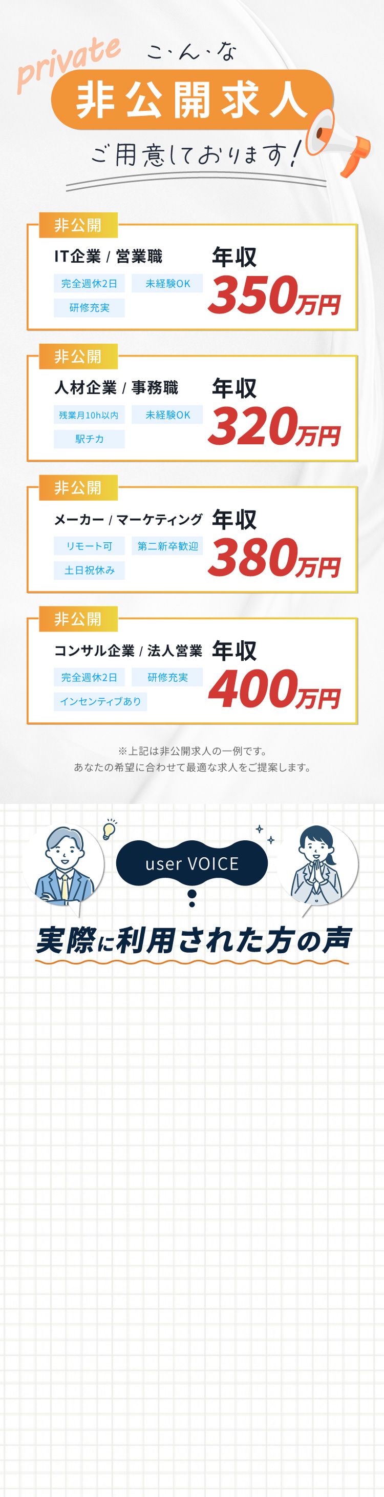 こんな非公開求人ご用意しております！ 実際に利用された方の声